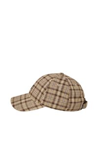 Cappello a quadri beige con strisce marroni, tessuto morbido, corona arrotondata e visiera curva. Cinturino regolabile sul retro per una vestibilità perfetta.