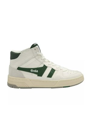 Weißer High-Top-Sneaker mit grünen Streifen, beige Sohle, gepolstertem Kragen und "Gola"-Logo an der Seite.