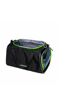 Bolsa transportadora para mascotas negra con detalles en verde, aberturas con cremallera y ventilación de malla. Interior forrado con un patrón azul y gris.