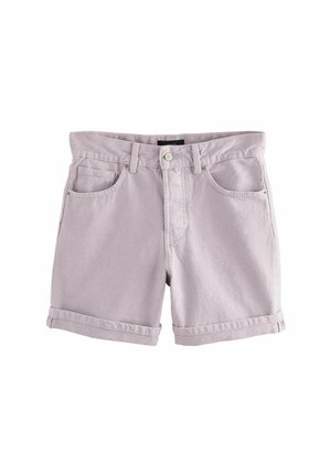 Lys lavendel denim shorts med foldet kant, frontlommer og knaplukning. Har stikninger og en klassisk pasform.