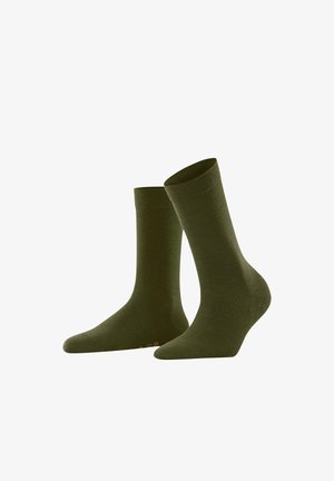 Pair of plain olive green crew-length socks, displayed upright on white background.
