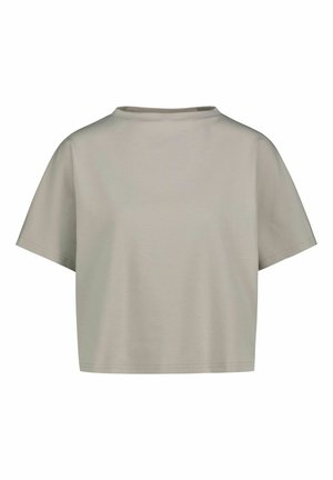 Maglietta corta a maniche corte di colore grigio chiaro con scollo rotondo e orlo dritto.