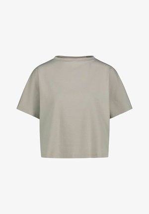 Maglietta corta a maniche corte di colore grigio chiaro con scollo rotondo e orlo dritto.