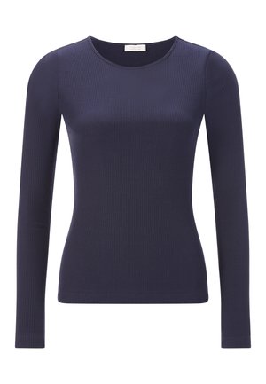 Haut ajusté à manches longues bleu marine avec un col rond. Fabriqué en matériau doux, il présente une finition texturée et des manches taillées.