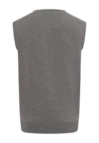 Suéter gris sin mangas, tela de punto suave, cuello redondo, dobladillo acanalado y costuras en los hombros con detalles mínimos.