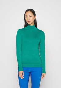 Pull à col roulé vert avec manches longues, design ajusté, texture douce, poignets et ourlet côtelés. Assorti à un pantalon bleu. Fond uni.
