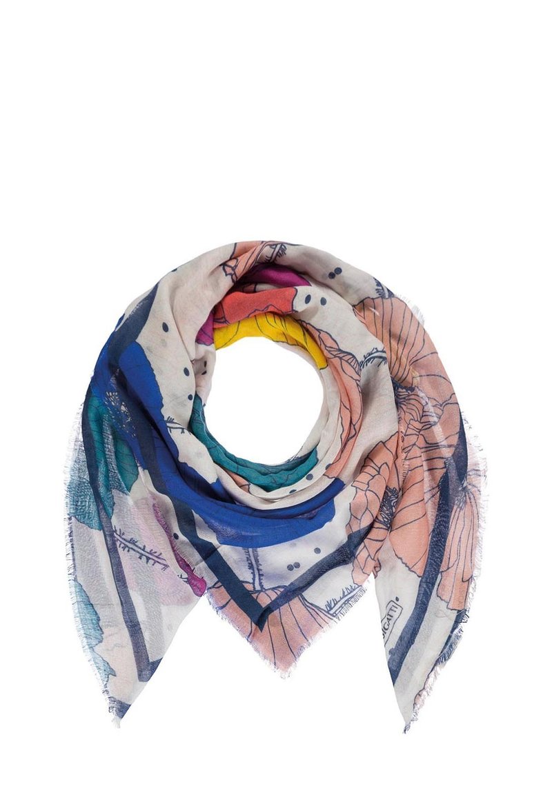 Lekki, wzorzysty szalik z kwiatowymi motywami w kolorach różowym, niebieskim i zielonym, o okrągłym kształcie i frędzlami na brzegach.