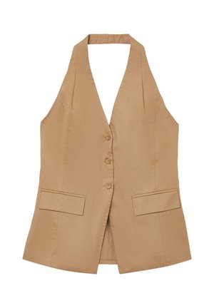 Tan sleeveless vest with a plunging neckline, featuring a button-up front and two flat pockets. Made of a smooth, lightweight fabric.
