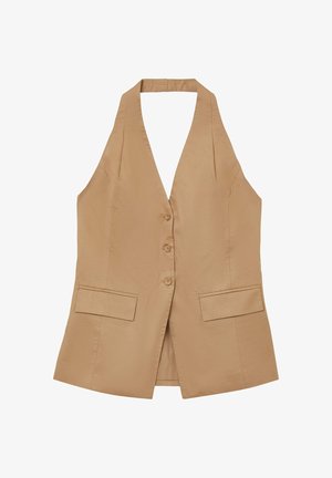 Gilet senza maniche color sabbia con scollo profondo, dotato di chiusura frontale con bottoni e due tasche piatte. Realizzato in un tessuto morbido e leggero.
