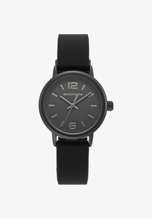 Zwarte Skechers polshorloge met ronde wijzerplaat, zilverkleurige uurmarkeringen, cijfers 12 en 6 en een zwarte siliconen band.