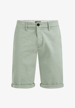 Gaiši zaļi šorti, izgatavoti no kokvilnas maisījuma auduma. Izceļas ar pogu aizdari, priekšējām kabatām un sarullētām maliņām, radot ikdienišķu izskatu.