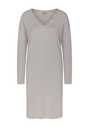 Jasnoszara nocna koszula z miękkiego materiału z długimi rękawami, dekoltem w literę V i koronkowym wykończeniem wokół szyi. Prosty, luźny krój.