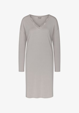 Jasnoszara nocna koszula z miękkiego materiału z długimi rękawami, dekoltem w literę V i koronkowym wykończeniem wokół szyi. Prosty, luźny krój.