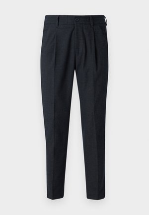 Dark gray trousers made of textured fabric, featuring a flat front, belt loops, and a single front pleat, tailored for a slim fit.