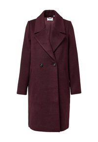 Lungo cappotto in lana bordeaux doppiopetto con ampi revers, due bottoni neri e tasche laterali con apertura a fessura.