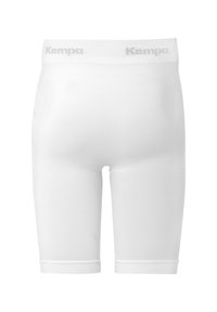 Shorts de compression blancs au design ajusté, fabriqués dans un matériau lisse et extensible. Présentent une taille élastique à logo.