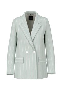 Hellblau gestreifter Blazer mit doppelter Knopfleiste, weißen Knöpfen, Reverskragen und zwei Vorderentaschen. Glatte Textur, taillierte Passform.