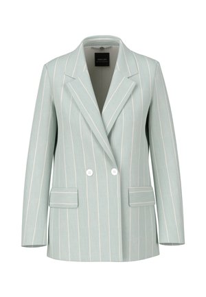 Light blue striped blazer with a double-breasted design, white buttons, notched lapels, and two front pockets.  Smooth texture, tailored fit.