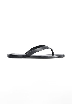 Zwarte slippers met een platte zool en een dun, riemachtig bovendeel. Gladde textuur en minimalistisch ontwerp, geschikt voor casual gebruik.