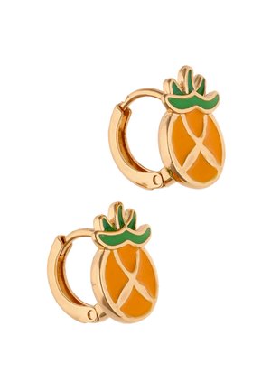 Cercei aurii cerc cu ananasuri portocalii din email și frunze verzi ca talismane decorative.