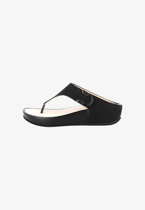 Sandalo infradito nero con zeppa, soletta imbottita beige e dettaglio fibbia laterale, visto di lato.