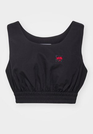 Black cropped tank top featuring a scoop neckline, gathered waistband, and a small red and black DKNY logo on the front. Smooth fabric texture.