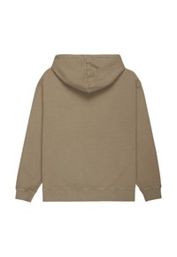 Brun huva sweatshirt med en mjuk textur, utrustad med en kenguruficka, ribbade muddar och fåll, designad för en avslappnad passform.