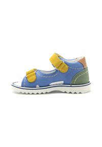 Sandal blu in pelle con accenti gialli, design open-toe, strap con velcro e tacco verde. Suola testurizzata con motivo a zigzag.