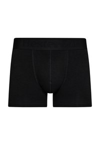 Boxer shorts negros hechos de una tela suave y elástica con una cinturilla ancha y texturizada que presenta un logo. Diseño de bolsa frontal para soporte.