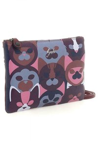 Borsa a tracolla multicolore con un motivo grafico di volti stilizzati di animali nelle tonalità di rosa, blu e marrone, dotata di chiusura con zip e tracolla staccabile.