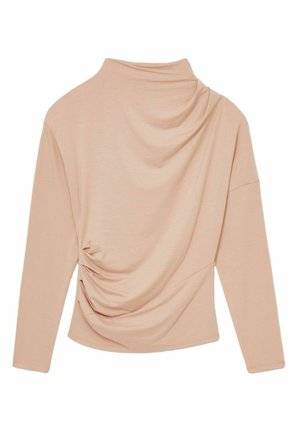Langärmliges, rosa Oberteil mit Drapierungs-Ausschnitt, gerafftem Seitendetail und weichem, leichtem Stoff.