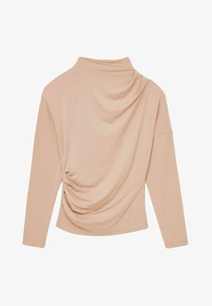 Langærmet top i blush-pink med draperet cowl-hals, samlede side detaljer og blødt, let stof.