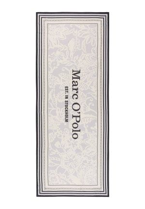 Prostokątny szal z kwiatowym wzorem w jasnoszarym kolorze, obramowany wieloma czarno-białymi paskami, z napisem "Marc O’Polo EST. IN STOCKHOLM".