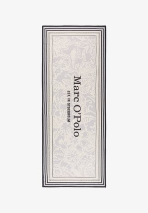 Sciarpa rettangolare con motivo floreale in grigio chiaro, bordata da più strisce bianche e nere, con la scritta "Marc O’Polo EST. IN STOCKHOLM".