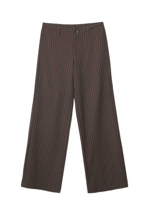 Braune weite Hosen mit dünnen weißen vertikalen Nadelstreifen, vorderer Knopfleiste und Gürtelschlaufen.