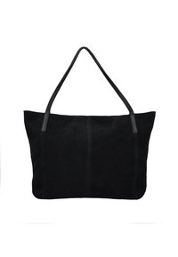 Czarna zamszowa torba tote z dwiema cienkimi skórzanymi paskami na ramię, prostokątny kształt i widoczne pionowe przeszycia z przodu.