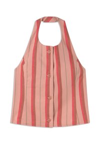 Haltertop in roze stof met verticale strepen in rood en groen. Heeft een ronde halslijn en vijf bijpassende knopen aan de voorkant.