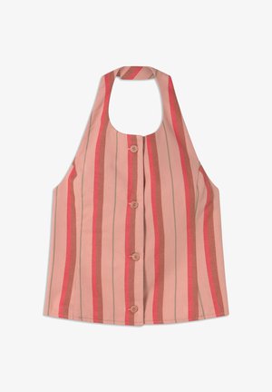 Top na ramiączkach w różowym materiale z pionowymi paskami w kolorze czerwonym i zielonym. Posiada okrągły dekolt oraz pięć dopasowanych guzików z przodu.