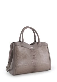 Leather handbag in grey with a crocodile pattern, dual handles, and a removable shoulder strap. Features smooth texture and structured design.