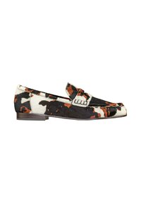 Cowhide loafers featuring a black, white, and orange mottled pattern, flat heel, and a decorative strap across the vamp.