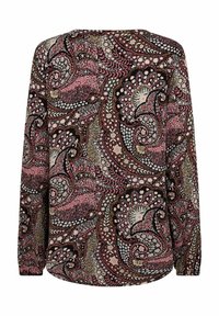 Blouse à manches longues avec un motif cachemire aux nuances de rose et de noir, ornée de détails floraux complexes et d'une texture de tissu lisse.