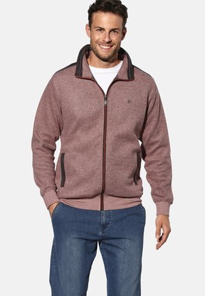 Red and gray zip-up sweater with a high collar and side pockets. Made of textured fabric, featuring contrasting black accents and cuffs.