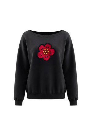Sort langærmet sweatshirt med en bred halsudskæring og en rød blomst med gule prikker broderet midt forpå.