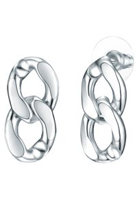 Silverkedjor med länkformade örhängen som har sammanlänkade ovala former med släta ytor och en polerad yta, monterade på genomskinliga stift.