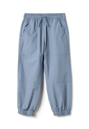 Hellblaue Hose mit elastischem Bund und Bündchen am Knöchel, mit Fronttaschen und einem Kordelzug am Taillenbund.