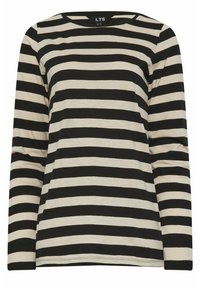 Pitkähihaisessa paidassa on musta-beige-horisontaaliraidallinen kuvio. Pehmeä kangas, pyöreä kaula-aukko ja rento leikkaus. Yksinkertainen helmaleikkaus.