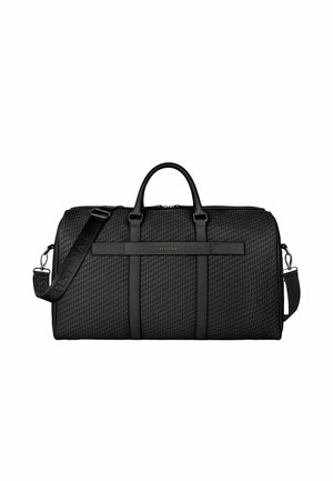 Crna teksturirana sportska torba s dva drška, odvojivim remenom za rame i vodoravnim remenom na prednjoj strani s natpisom "FESTINA".