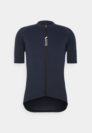 Marineblaues kurzärmeliges Fahrradtrikot mit durchgehendem Frontreißverschluss und "GORE"-Logo auf Brust und Ärmel, Vorderansicht.