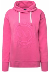 Felpa rosa con un grande logo testurizzato sul davanti, dotata di cappuccio con cordino, polsini e orlo a coste. Il tessuto sembra morbido e caldo.