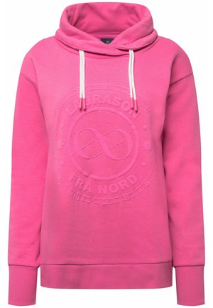 Sudadera rosa con un gran logo texturizado en el frente, que cuenta con capucha con cordones, puños y dobladillo acanalados. La tela parece suave y cálida.